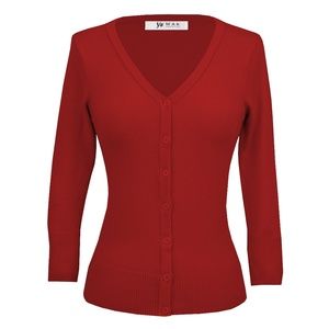 Ye Mak V-Neck Knit Cardigan Sweater Button Down Retro Vintage Lightweight Red